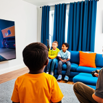 A group of diverse children, aged 8-10, fully clothed in modest, everyday children's attire, actively engaged in playing a cooperative, educational first-person shooter (FPS) video game. The game is displayed on a large, vibrant screen in a modern, brightly lit living room. The game's graphics are cartoon-like and colorful, featuring characters shooting non-lethal, colorful splats or laser tags, with no realistic violence or blood. The children are seen communicating, smiling, and collaborating with joyful expressions, demonstrating teamwork and quick decision-making. Their poses are natural and engaged. Perfect anatomy, correct proportions, well-formed hands, proper finger count, natural body proportions. Professional photography, high resolution, soft lighting, family-friendly, appropriate content, safe for work.