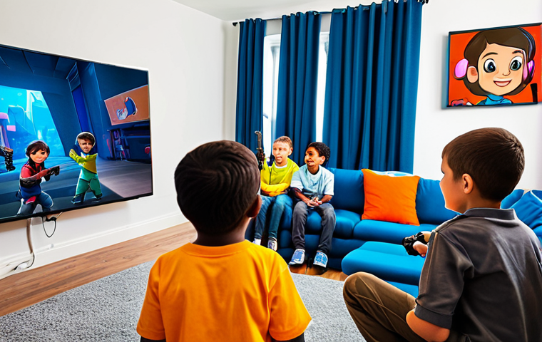 A group of diverse children, aged 8-10, fully clothed in modest, everyday children's attire, actively engaged in playing a cooperative, educational first-person shooter (FPS) video game. The game is displayed on a large, vibrant screen in a modern, brightly lit living room. The game's graphics are cartoon-like and colorful, featuring characters shooting non-lethal, colorful splats or laser tags, with no realistic violence or blood. The children are seen communicating, smiling, and collaborating with joyful expressions, demonstrating teamwork and quick decision-making. Their poses are natural and engaged. Perfect anatomy, correct proportions, well-formed hands, proper finger count, natural body proportions. Professional photography, high resolution, soft lighting, family-friendly, appropriate content, safe for work.