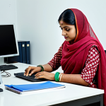 ** A professional businesswoman in a modest sari, working at a desk in a modern office in Dhaka, Bangladesh. Fully clothed, appropriate attire, safe for work, perfect anatomy, natural proportions, professional photography, high quality.

**