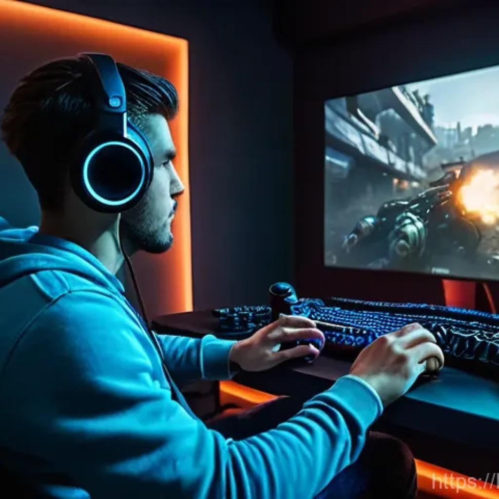 FPS 게임에 적합한 프로젝터 리뷰 - **Prompt:** A young adult male gamer, dressed in a casual hoodie and jeans, is intensely focused whi...