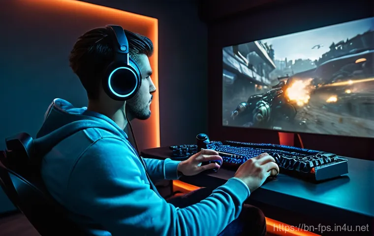 FPS 게임에 적합한 프로젝터 리뷰 - **Prompt:** A young adult male gamer, dressed in a casual hoodie and jeans, is intensely focused whi...