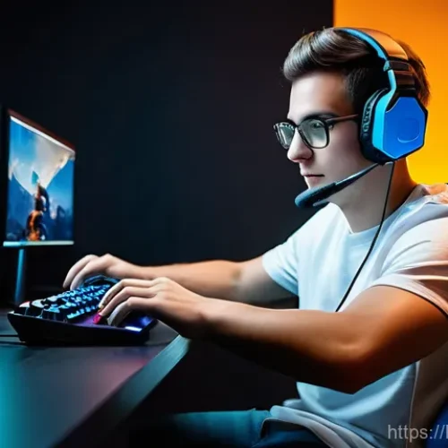 Home 23 FPS 유저를 위한 최고의 의자 추천 - A focused male FPS gamer, in his early twenties, intensely engaged in a competitive online game. He ...