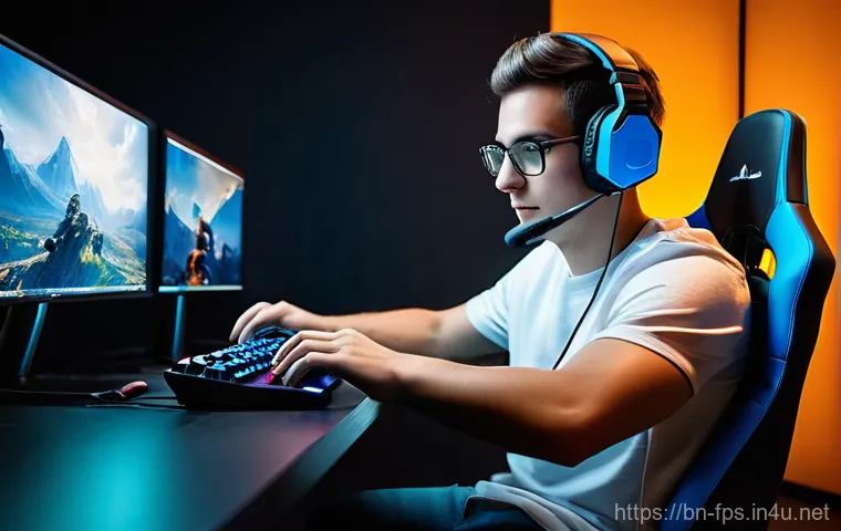 FPS 유저를 위한 최고의 의자 추천 - A focused male FPS gamer, in his early twenties, intensely engaged in a competitive online game. He ...