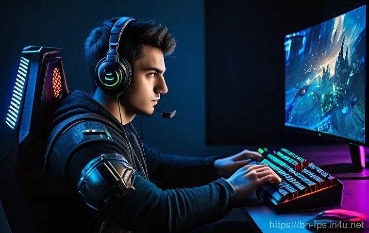 플랫폼별 FPS 게임 추천 리스트 - **Prompt:** A young male gamer, in his early twenties, completely engrossed in a high-fidelity first...