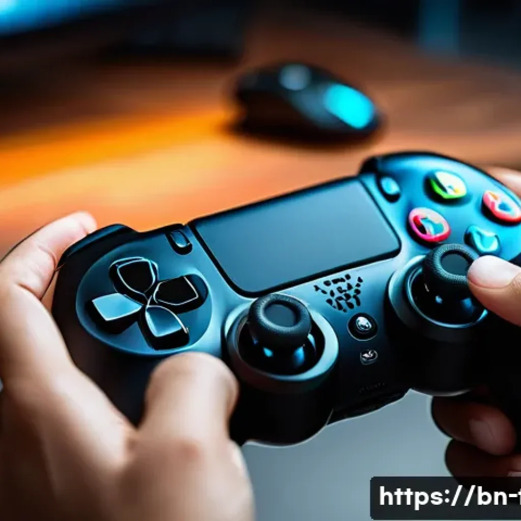 게임패드로 FPS 게임을 잘하는 법 - A detailed close-up of a gamer’s hands holding a modern gamepad with customized button layout, showi...