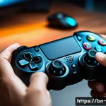 게임패드로 FPS 게임을 잘하는 법 - A detailed close-up of a gamer&rsquo;s hands holding a modern gamepad with customized button layout, showi...