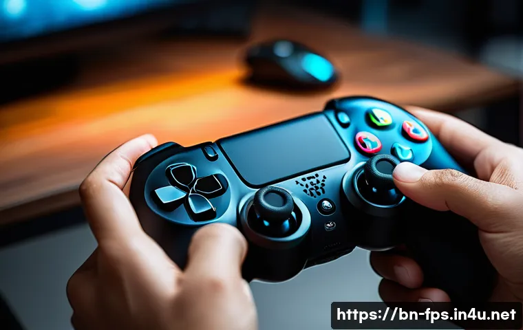 게임패드로 FPS 게임을 잘하는 법 - A detailed close-up of a gamer&rsquo;s hands holding a modern gamepad with customized button layout, showi...