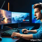 FPS 게임 리플레이 분석하는 법 - A detailed digital illustration of a professional esports player intensely analyzing a gameplay repl...