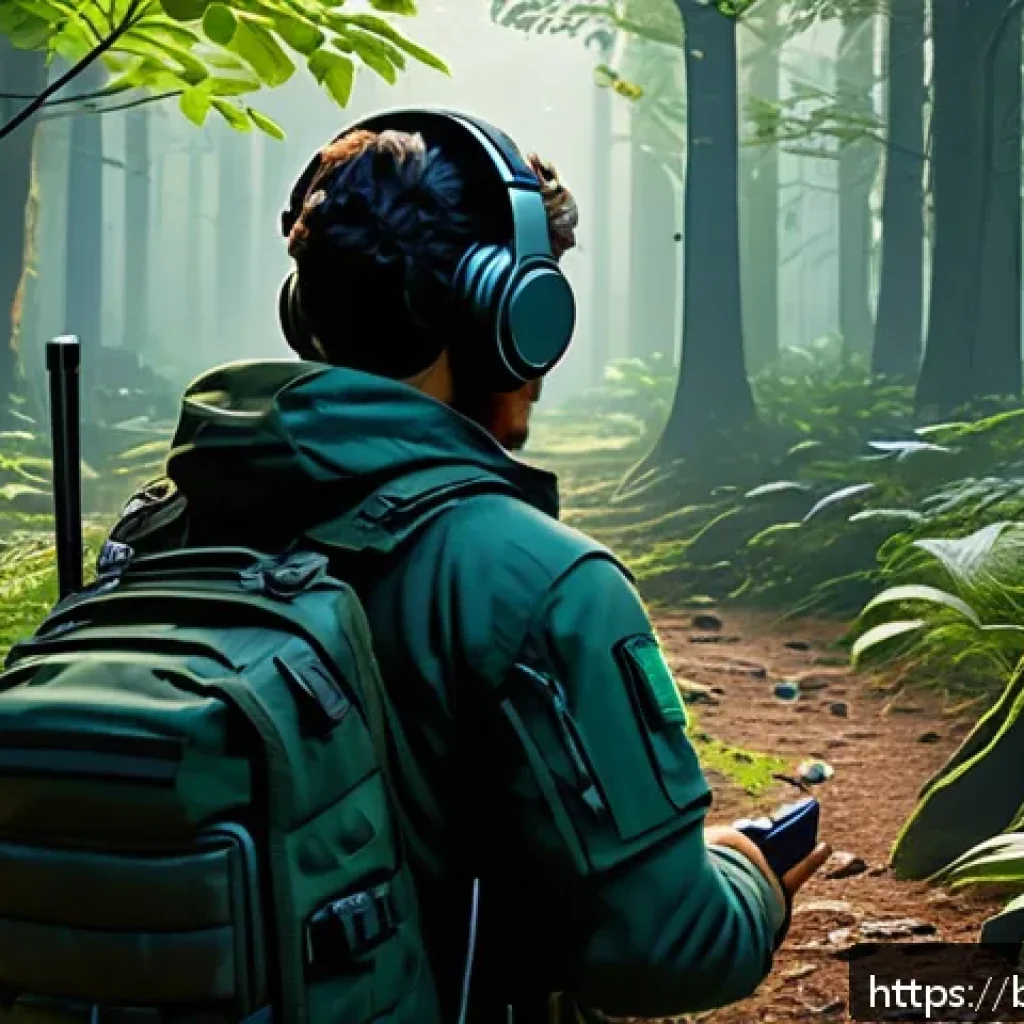 FPS 사운드 디자인의 중요성 - A detailed digital illustration of a dense forest environment in a first-person shooter game, showca...
