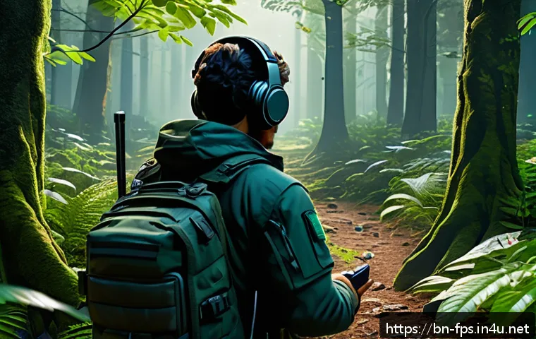 FPS 사운드 디자인의 중요성 - A detailed digital illustration of a dense forest environment in a first-person shooter game, showca...