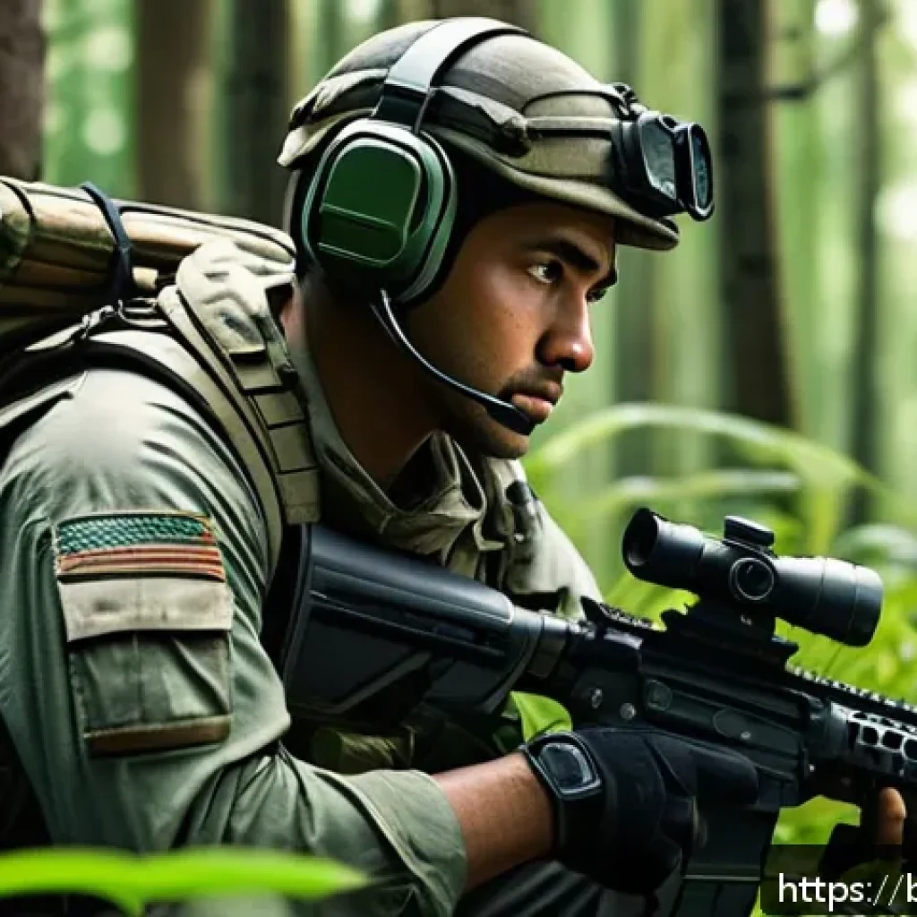 서바이벌 요소를 접목한 FPS - A detailed digital illustration of a tactical gamer in a lush forest environment, wearing lightweigh...