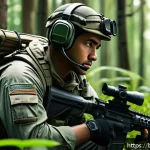 서바이벌 요소를 접목한 FPS - A detailed digital illustration of a tactical gamer in a lush forest environment, wearing lightweigh...