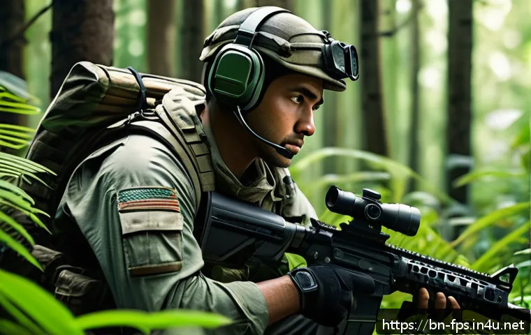 서바이벌 요소를 접목한 FPS - A detailed digital illustration of a tactical gamer in a lush forest environment, wearing lightweigh...