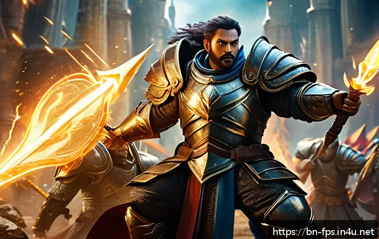 FPS 게임 속 히어로 캐릭터 분석 - A dynamic fantasy battle scene featuring a diverse team of heroes in action, each distinctly display...