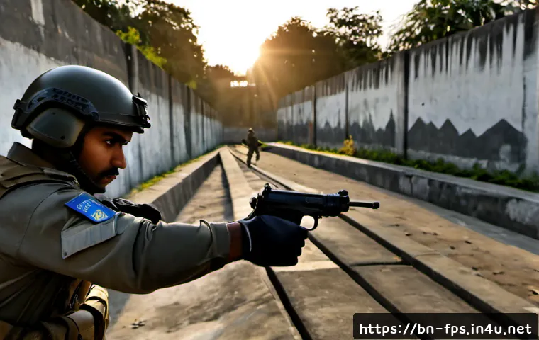 FPS에서 생존률 높이는 이동 전략 - Photorealistic first-person tactical training scene, a gloved player viewpoint moving low behind a c...